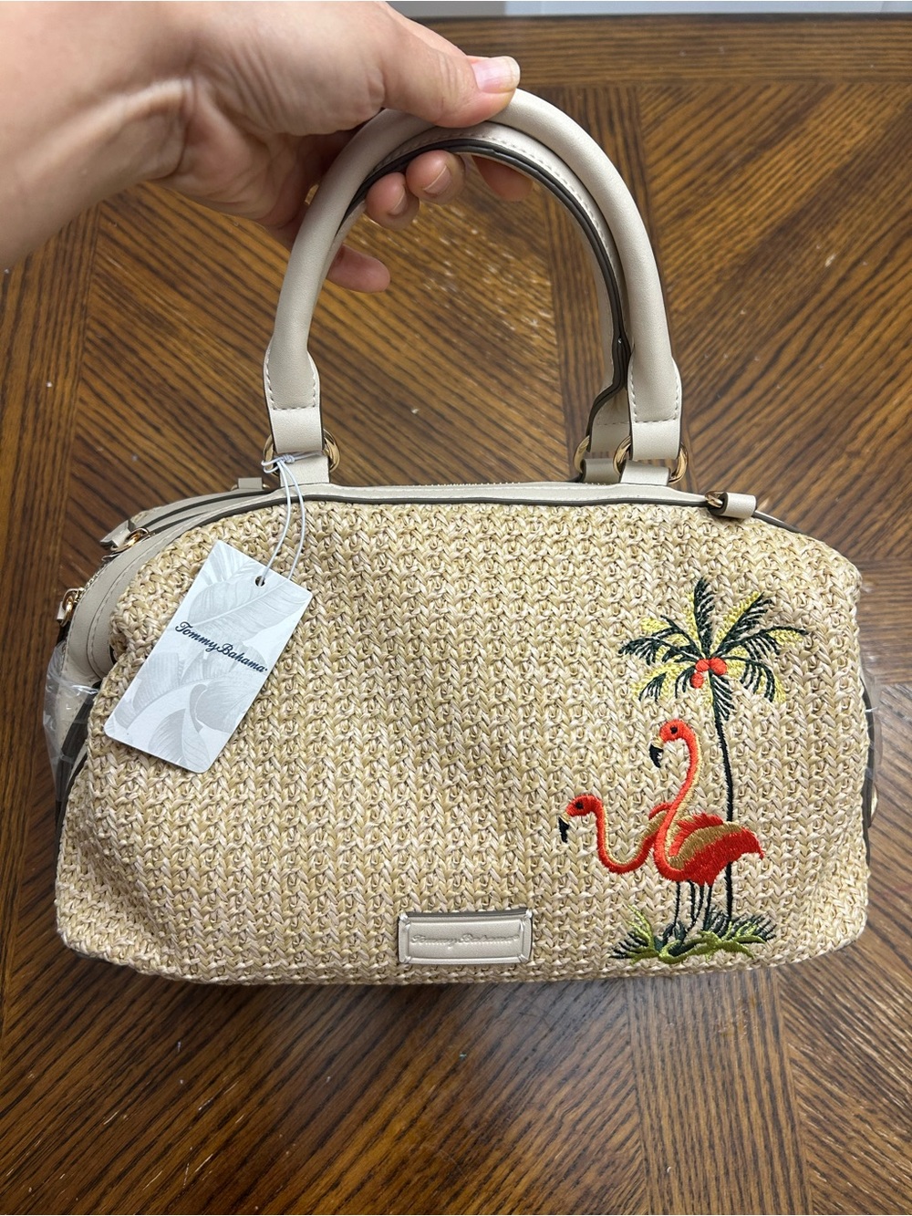 NWT Tommy Bahama Straw Satchel Bag with Flamingo Embroidery size 13x6x7.75”